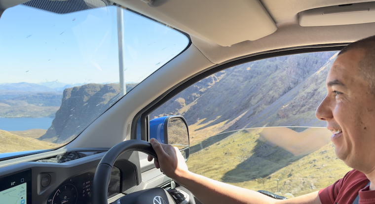 Touring in a T7: The smile says it all